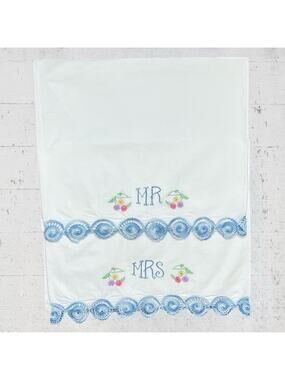 King Size Hand Embroidered Crochet Mr & Mrs Pillowcases Cottagecore